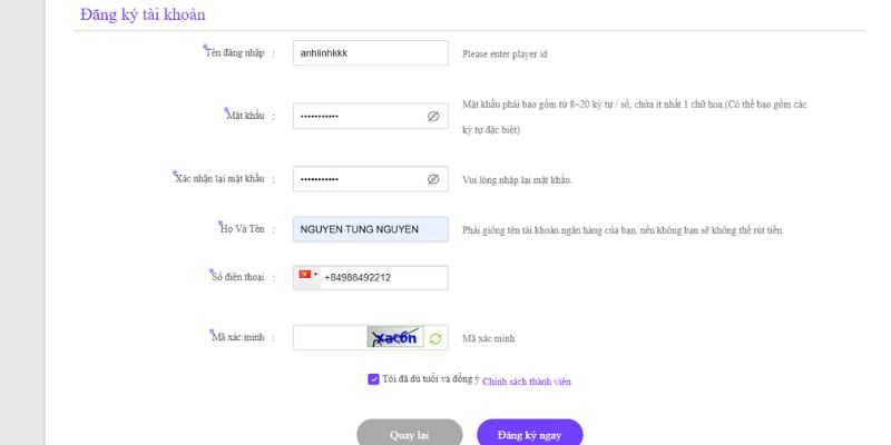 Điền chính xác thông tin cá nhân khi tạo account