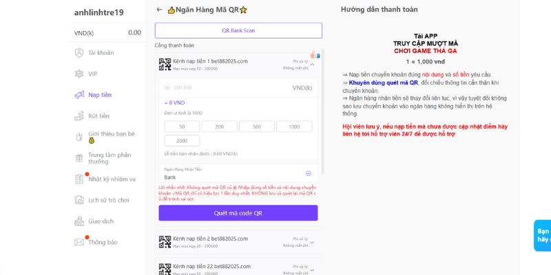 Các lưu ý quan trọng khi giao dịch nạp tiền VE88