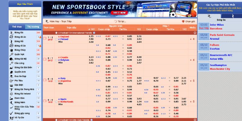 Sảnh Sbobet Sports mang đến nhiều trận đấu hấp dẫn